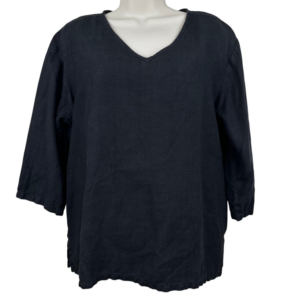 Match Point Linen Top Blouse V-Neck Relaxed Fit Black Medium Lagenlook USA